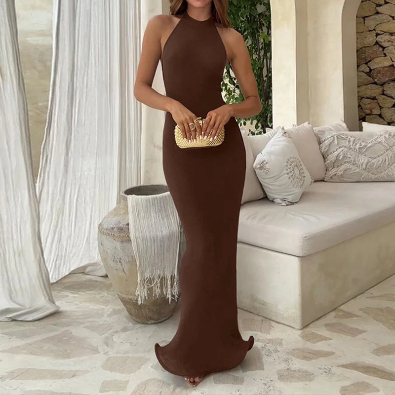 LIZAKOSHT  -  Temperament Halter Edge Curl Sleeveless Long Bodycon Solid Dress Tight Banquet Party Elegant Ladies Summer Backless Gowns