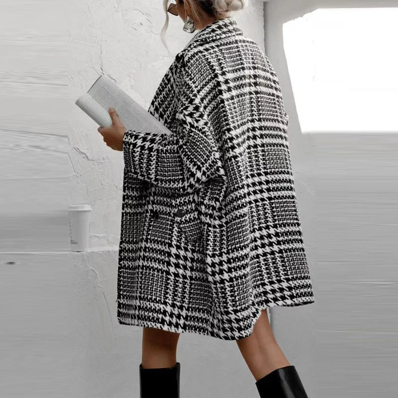 LIZAKOSHT  -  Elegant Turn-down Collar Woolen Jacket Women Coat Fall Double Breasted Commuter Top Cardigan Winter Houndstooth Print Outerwears