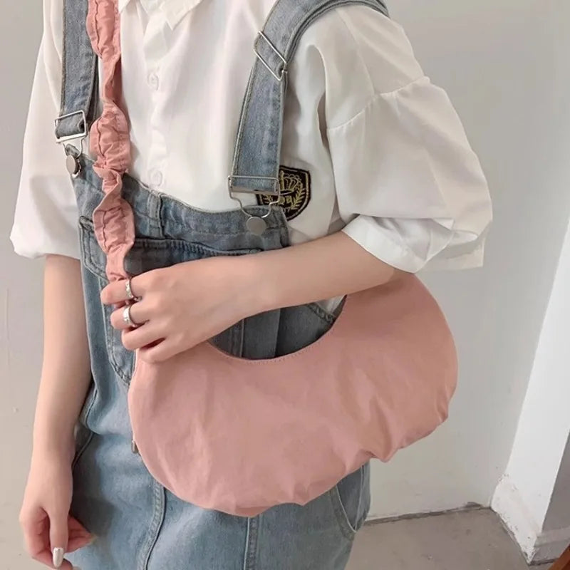 LIZAKOSHT  -  Pink Fashion Womens Shoulder Bag Pleated Korean Style Solid Color Nylon Casual Hobos Bag Sweet Elegant Advanced Handbag