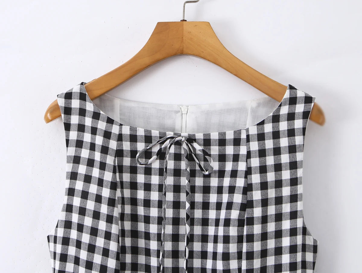 LIZAKOSHT  -  Sexy Red Gingham Plaid Mini Sleeveless Dress Women Bow O Neck Zipper Back Low Waist Ruched Hem Swing Tank Dresses Vestidos Black