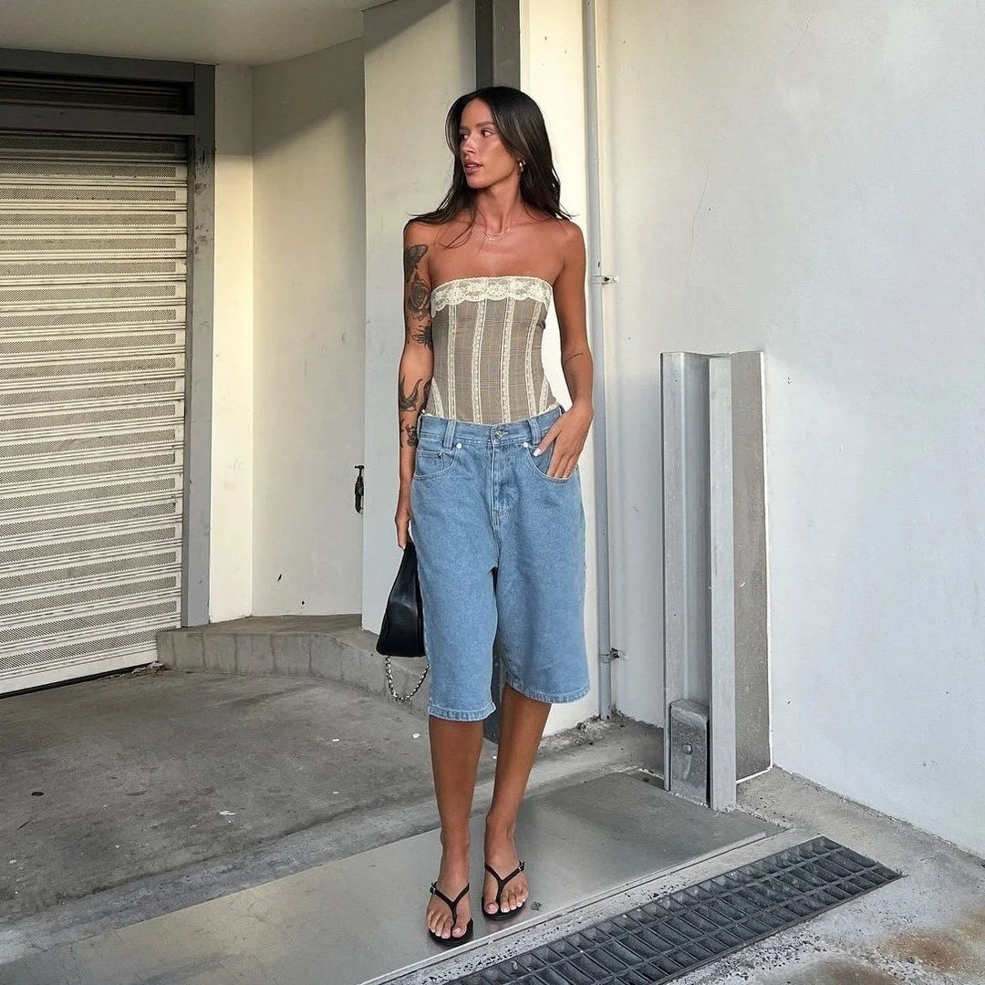 LIZAKOSHT  -  Denim Solid Casual Shorts Women Wide Leg High Wwaist Buggy Straight Short Jeans Female 2025 Summer Street Pocket Zipper Pants