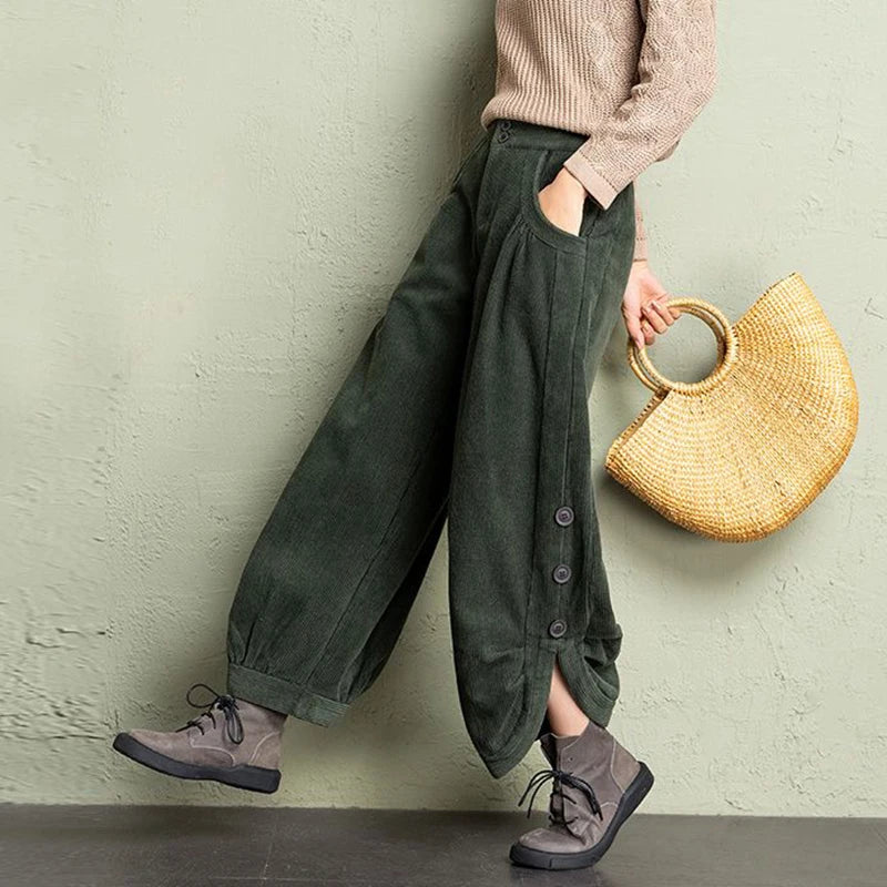 LIZAKOSHT  -  Korean Corduroy Women Pants Fall Winter Plush Warm Loose Casual Harem Trousers Retro High Waist Button Streetwear Wide Leg Pants