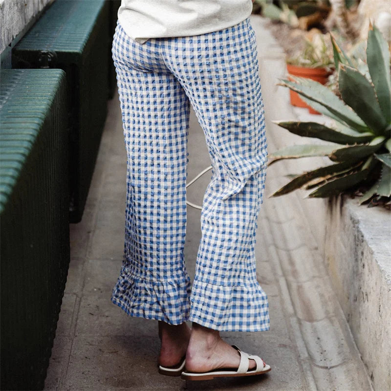 LIZAKOSHT  -  Plaid Print Pants Women y2k Clothes Elastic Waist Wide Leg Loose Ruffle Hem Trousers Summer Clothing 2000s Streetwear