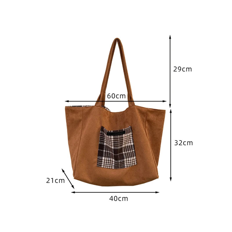 LIZAKOSHT  -  Autumn and Winter Woolen Plaid Shoulder Bag Double Sided Use Handbag Large Capacity Tote Bags For Women