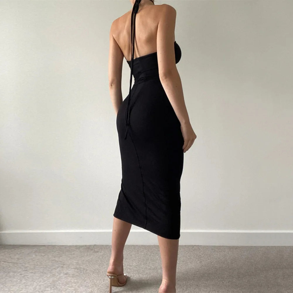 LIZAKOSHT  -  Summer New Dstring Pleated ter Dr Sexy Tight Wrap around Bodycon Long Skirt without Sve Polyester Fiber Midi Dr