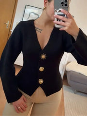 LIZAKOSHT  -  V-Neck Knitted Sweater Cardigan Irregular Button Minimalism Waist Cinching Slimming Soft Waxy Knitwear Vintage Knit Shirt Top