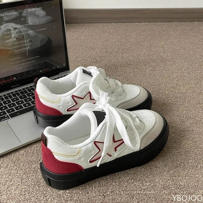 LIZAKOSHT  -  Retro thick soled white shoes for women's spring summer new round toe casual lace up simple comfortable women's board shoes