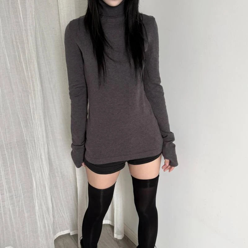 LIZAKOSHT  -  Fashionable European-style retro high-neck button-up mid-length versatile base layer sweater in solid color, fitted women's top