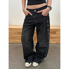 LIZAKOSHT  -  Autumn Winter Dark Jeans Women's Spliced Retro High Street Pocket Straight Baggy Wide Leg Denim Pants Women's