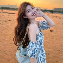 LIZAKOSHT  -  Summer New Vocation Lady Vestidos Vintage Blue Print Bow Lace-up Sling Dress For Women High Waist Pleated A-line Mini Dresses