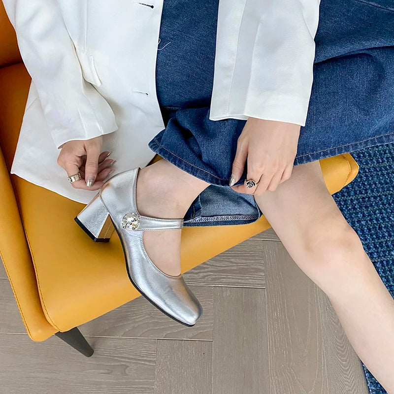 LIZAKOSHT Original retro rhinestone Mary Jane single shoes women's small leather shoes one word with thick heel ballet shoes women's shoes