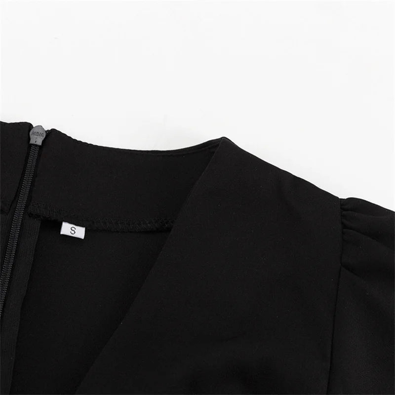 LIZAKOSHT  -  Deep V-neck Puff Sleeve Mini Dress Women Sexy High Waist Patchwork Button Fashion Slim Black A-line Club Party Dress