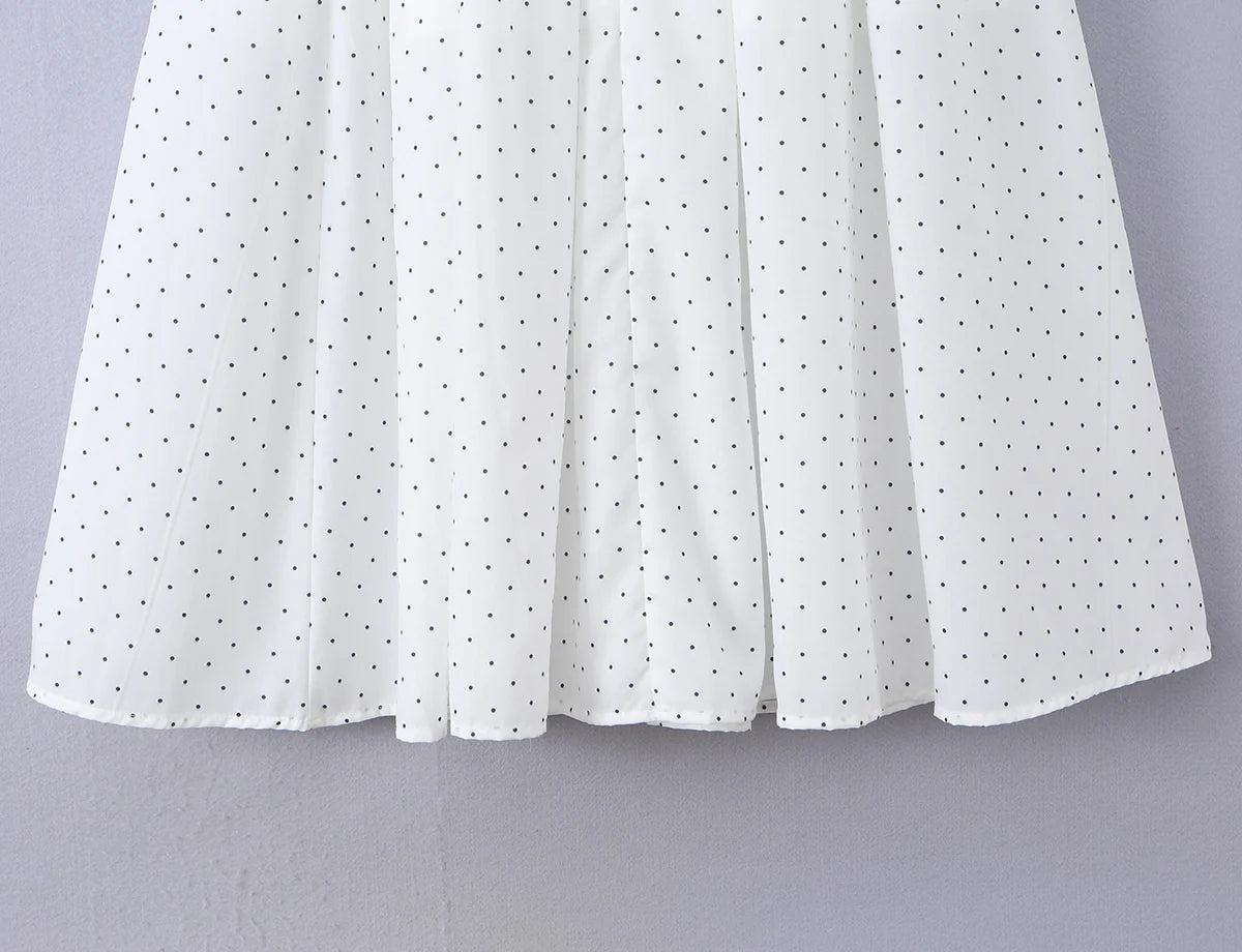 LIZAKOSHT  -  Dot Print Wood ears Ruched Chest Bow U collar Puff Sleeve Dress Elastic High Waist Pleated Swing Midi Dresses Holiday Robe