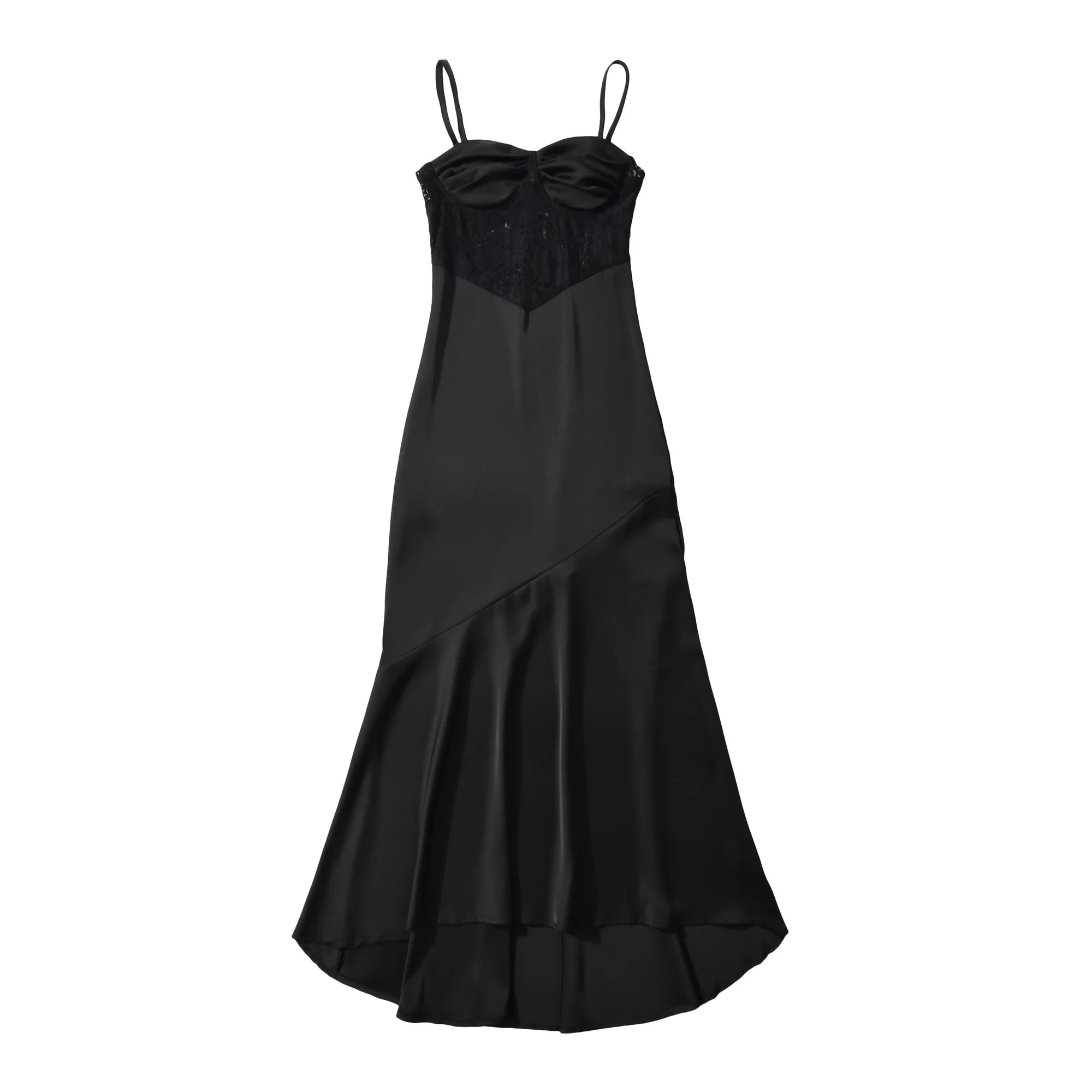 LIZAKOSHT  -  Fashion Light Blue Satin Ruched Bra Spliced Lace Sling Dress Women Hollow Out Slim Waist Midi Long Asymmetry Dresses Femme Robe