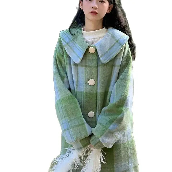 LIZAKOSHT  -  Woolen Coat Loose Fit Plaid Green Button Design Doll Collar Big Size Long New Long Sleeve Women Fashion Tide Autumn Winter
