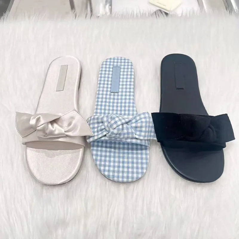 LIZAKOSHT  -  Silk Butterfly-Knot Slippers Women Flat Heel Gingham Sandals Cloth Fabric Slides Female Slip On Pantuflas House Flipflops