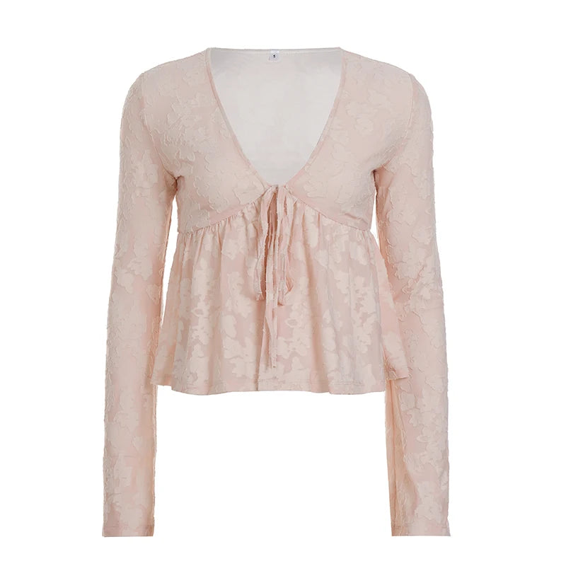 LIZAKOSHT  -  Pink Sweet Cute V-Neck Bow Tie T-Shirt Casual Lace Long-Sleeve Top Autumn Clothing For Women Chic Streetwear Outfits