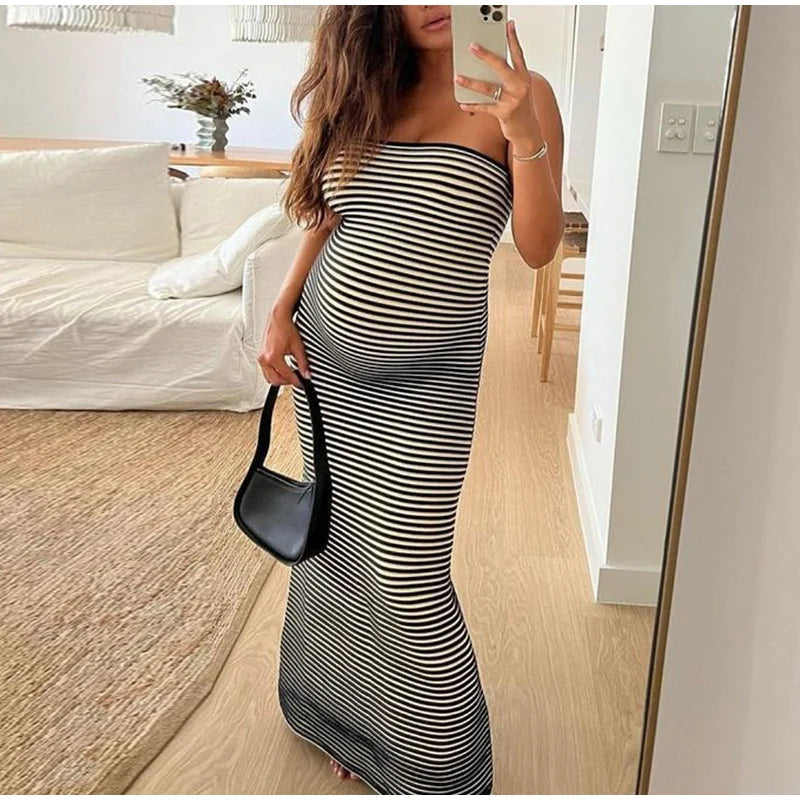 LIZAKOSHT  -  Casual Knitted Striped Tube Long Dresses Women Retro Sexy Strapless Loose Party Dress Female New Summer Fashion Versatile Robes
