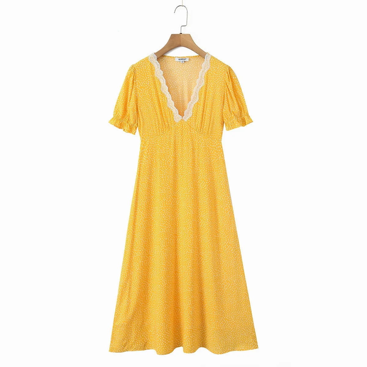 LIZAKOSHT  -  Vintage French Style Polk Dot Print Spliced Lace Deep V neck Short Sleeve Dress Woman A-lined Midi Long Dresses Vestidos Robe