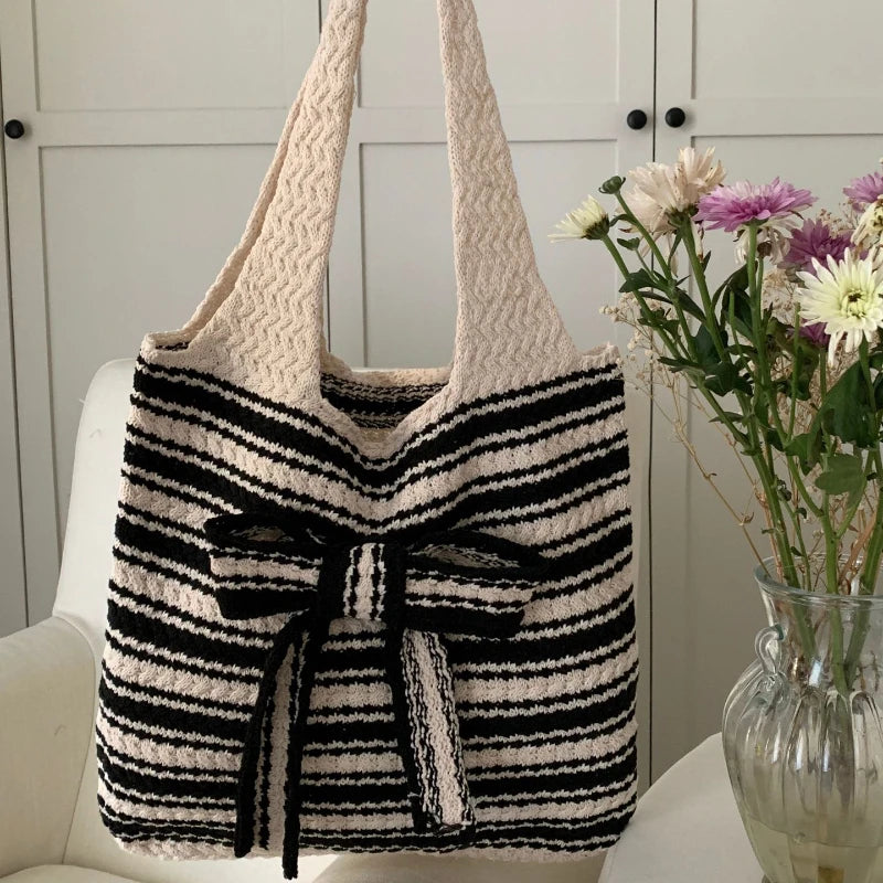 LIZAKOSHT  -  Japanese Gentle Y2k Knitted Shoulder Tote Bags Sweet Casual Contrast Color Underarm Bag Vintage Striped Women Shopping Handbags