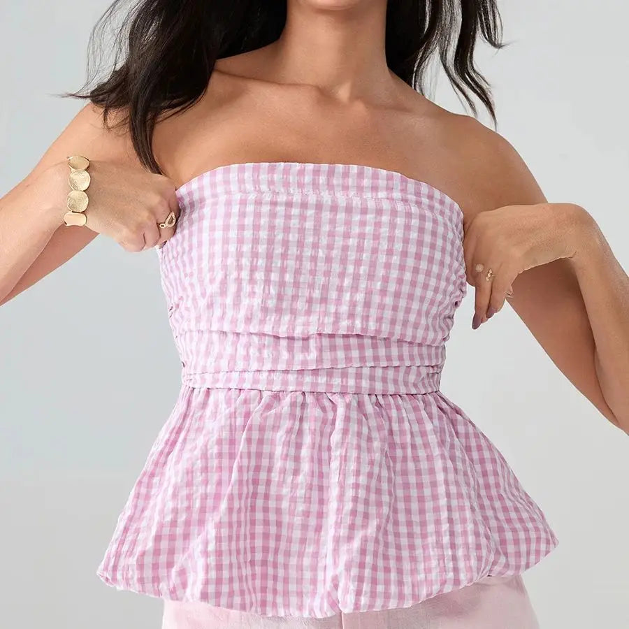LIZAKOSHT  -  Vintage Y2k Strapless Tube Tops Women Summer Bubble Hem Plaid Print Bandeau Vest Backless Shirts Lettuce Trim Scarf Streetwear