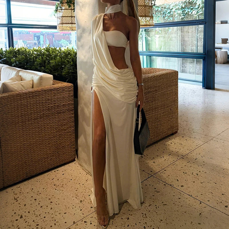 LIZAKOSHT  -  Wrinkled hollow out long skirt one shoulder irregular dress minimalist design sexy suspender sleeveless wrapped hip skirt