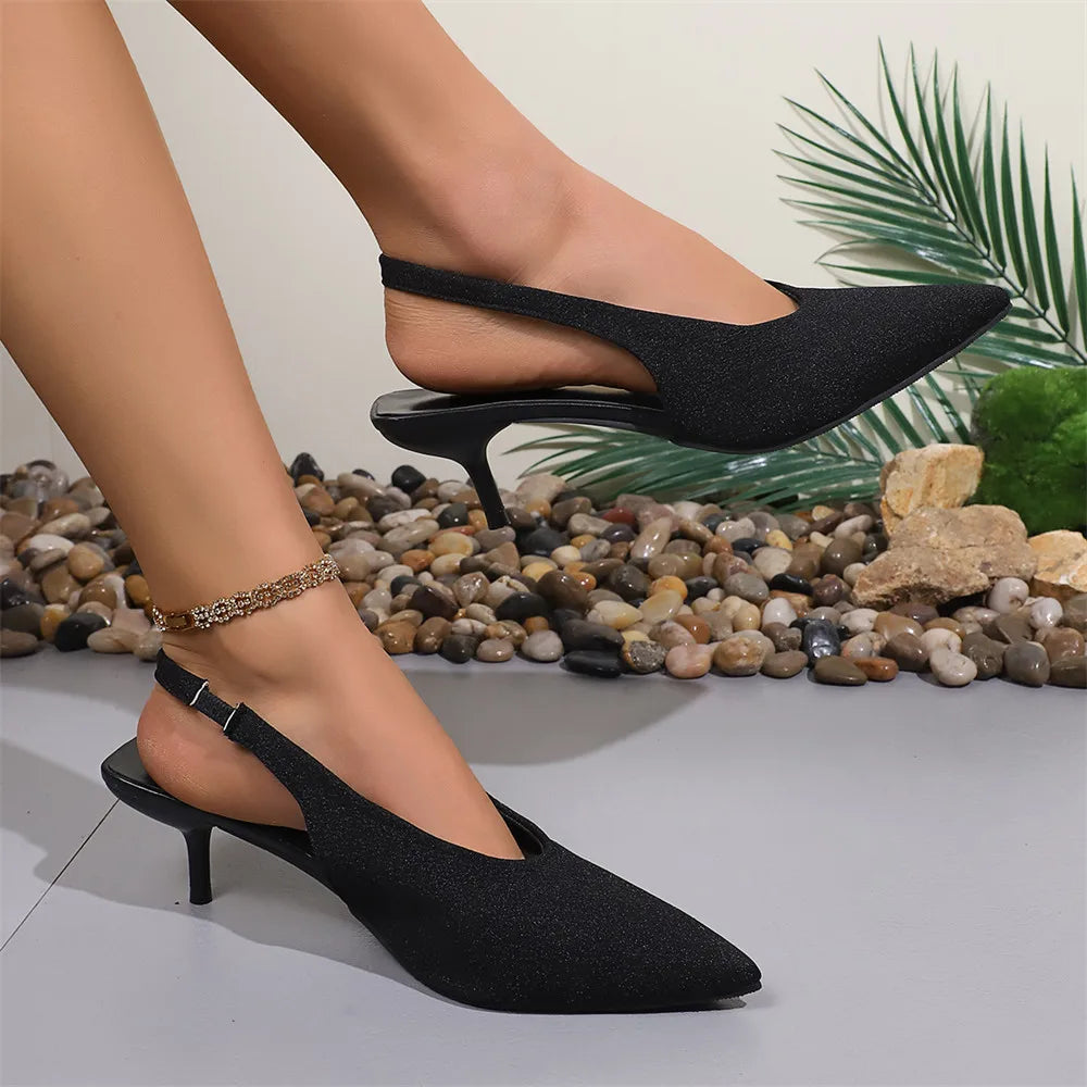 LIZAKOSHT  -  Big Size 43 Elegant Black Kitten Heels Slingback Pumps Classic Pointy Toe Slip On Office Lady Shoes Women
