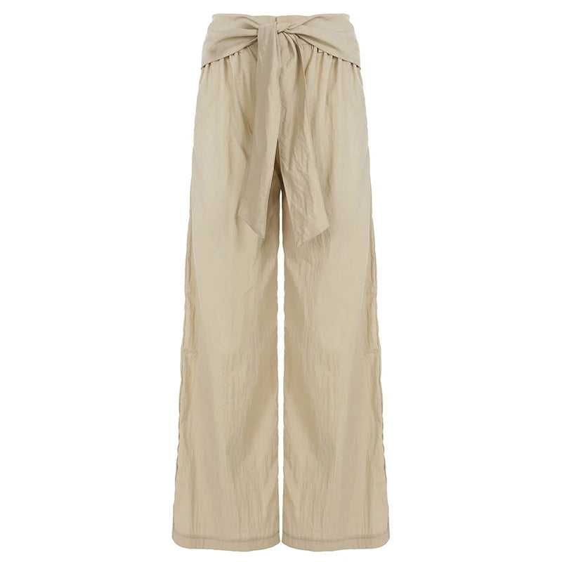 LIZAKOSHT  -  Female Harajuku Casual Style Simple High Waist Quick Drying Drop Folds Straight Leg Pants Versatile Strappy Design Trousers