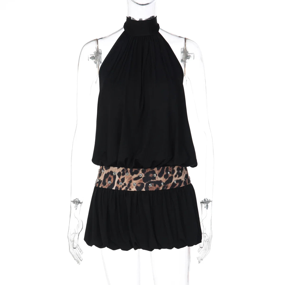LIZAKOSHT  -  Sexy Halter Neck Leopard Tunics Mini Vacation Dress Streetwear Women Chic Hollow Out Backless Short Evening Party Dresses