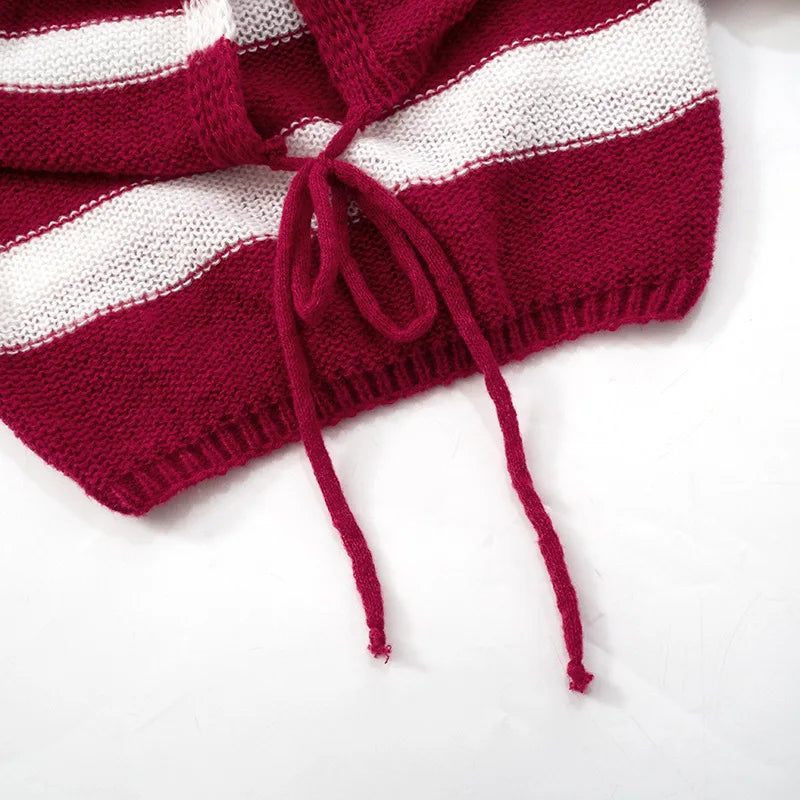 LIZAKOSHT  -  Knitted Sexy Off Shoulder Striped Women Sweater Red Long Sleeve Lace Up Sweater Female Autumn New Casual Streetwear