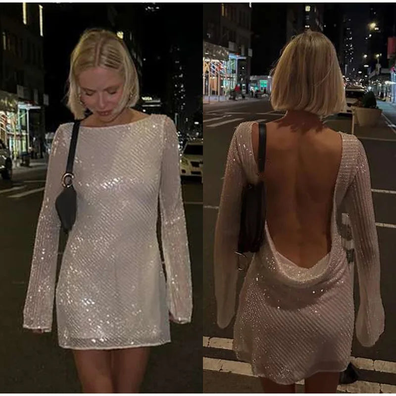 LIZAKOSHT  -  Women Sequins Evening Mini Dresses Y2K Sexy Backless Long Sleeve O Neck Lady Short Dress Elegant New Fashion Party Vestidos