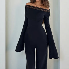 LIZAKOSHT  -  Fall Winter Elegant Off Shoulder Lace Patchwork Jumpsuit Women Long Sleeve Solid Black Slim Fit Fashion Street Outfit