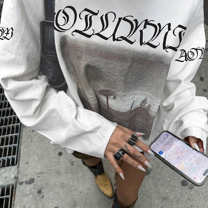LIZAKOSHT  -  Vintage Letter Print Casual Tops Streetwear Off Shoulder Full Sleeve T-shirts All-match American Style Long Tees Autumn