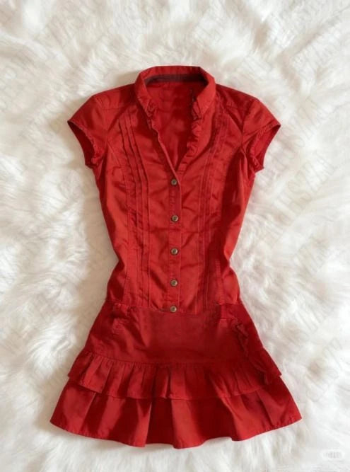 LIZAKOSHT  -  Women Aesthetic Female Dress Y2K Minimalist 90s Frock Classic Solid Tide Short Sleeve dress Fashion Personality Slim Shirt dress