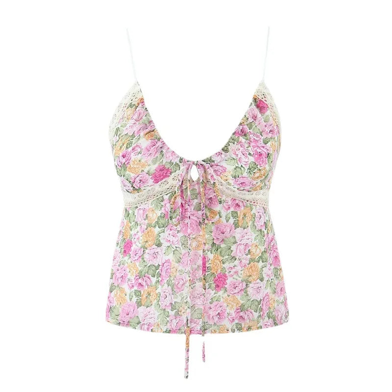 LIZAKOSHT  -  Europe and America Sexy Deep V-neck Lace Stitching Floral Small Suspenders Summer New Slim Holiday Vest Women