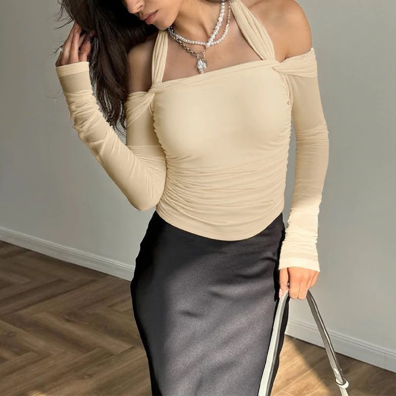 LIZAKOSHT  -  Hot Sexy Halter Ruched Women Skinny T-shirts Off Shoulder Solid Color Long-sleeved Autumn Streetwear Club Top Clothing