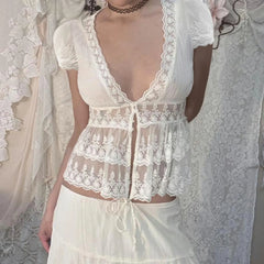 LIZAKOSHT  -  V-neck Lace Splicing Slim Top New Slim Solid Color Short-sleeved T-shirt