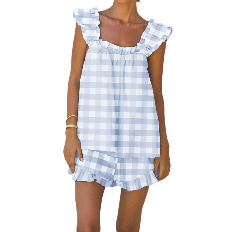 LIZAKOSHT  -  Striped Plaid 2 Piece Set Outfits Kawaii Loose Sleevless Tank Top Vest + Ruffles Hem Shorts Women Loungewear Matching Suit