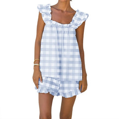 LIZAKOSHT  -  Striped Plaid 2 Piece Set Outfits Kawaii Loose Sleevless Tank Top Vest + Ruffles Hem Shorts Women Loungewear Matching Suit