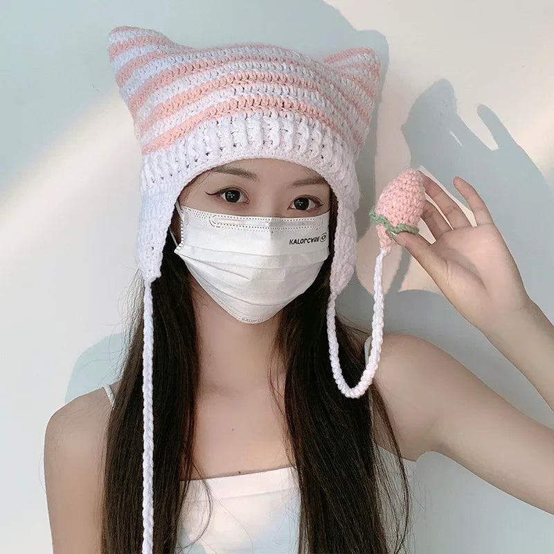 Lizakosht Japanese Cute Devil's Ears Beanies Women Autumn Winter Lolita Crochet Hat Y2k Striped Warm Knitted Hat Strawberry Pompom Hats