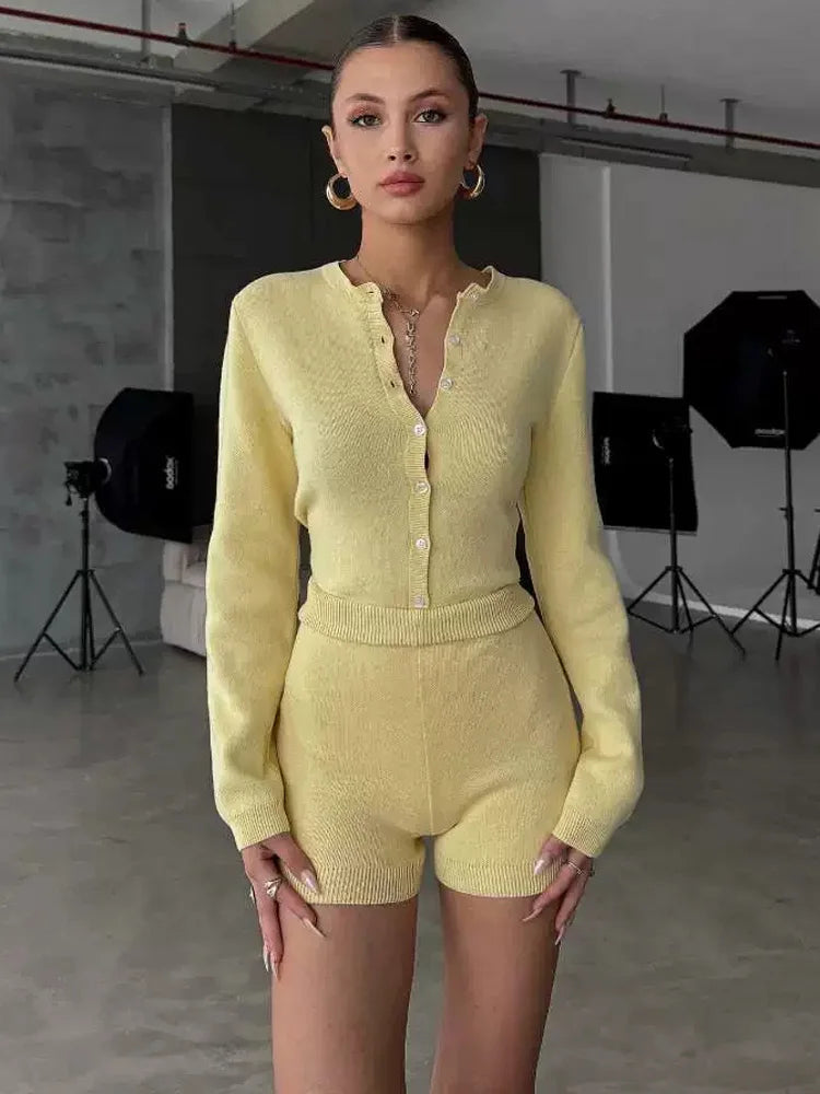 LIZAKOSHT  -  Knit 2 Piece-Set Shorts Female Ribbed Patchwork Sweater Cardigan Top And High Waist Shorts Sets Women' Knitwear Outfits