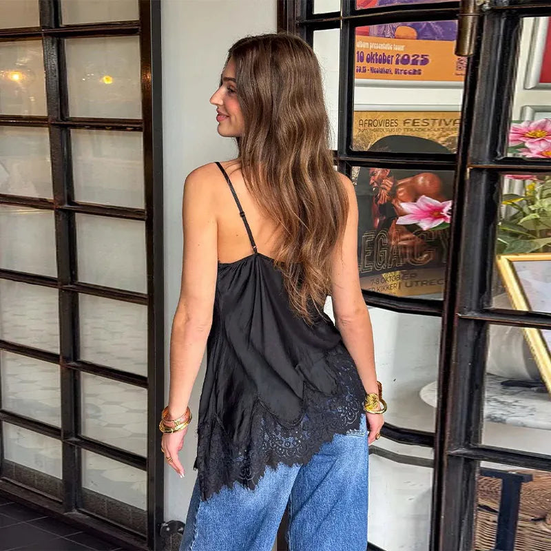 LIZAKOSHT  -  Sexy Satin Sling Tops Women V Neck Hollow Out Patchwork Lace Irregular Tank Top Female New Chic Solid Fashion Streetwears
