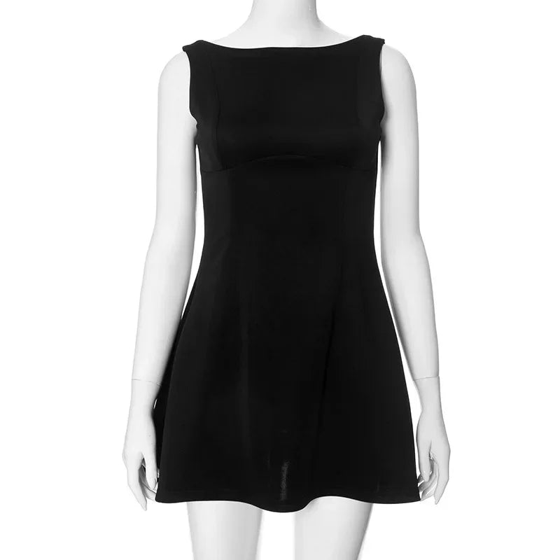 LIZAKOSHT  -  Women's Graduation Dress Y2k Mini Tank Dress Solid Sleeveless Flowy Short Dress Open Back above Knee Summer Short Dress
