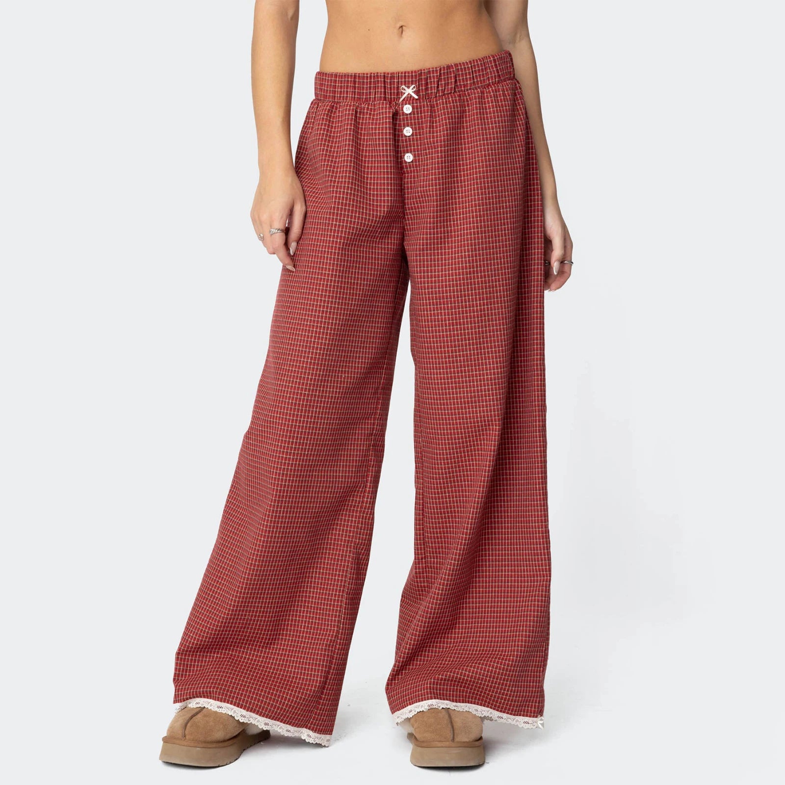 LIZAKOSHT  -  Women Red Gingham Wide Leg Pants Lace Trim Vintage Elastic Waist Straight Leg Plaid Pants Y2K Vintage Streetwear