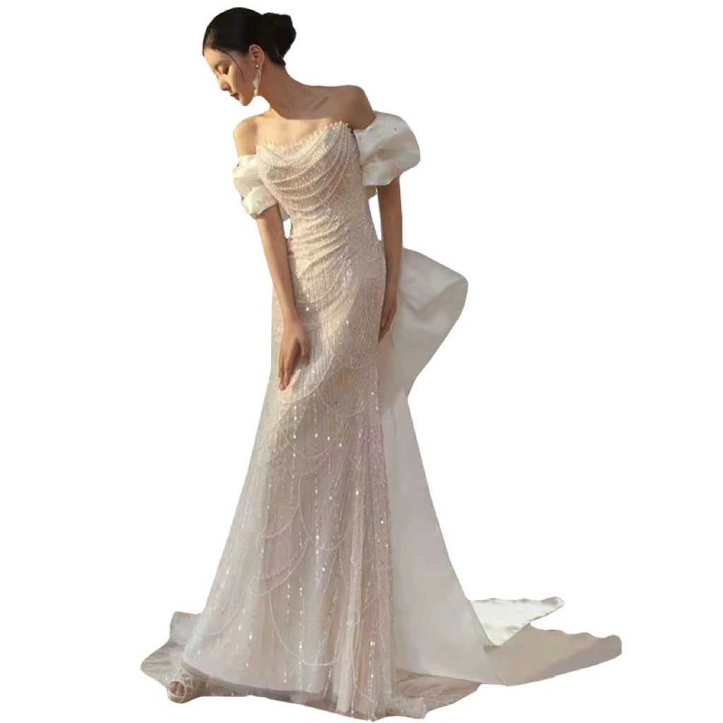 LIZAKOSHT -  Celebrity Dresses Off the Shoulder French Style Detachable Bow Satin Ivory Pearl Mermaid Cocktail Prom Evening Gowns