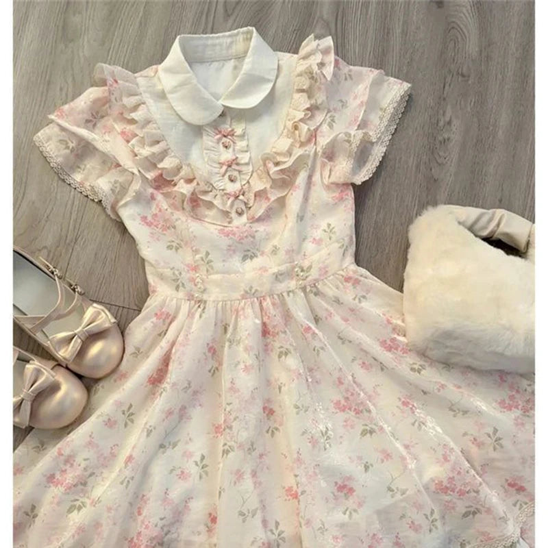 LIZAKOSHT  -  Kawaii Floral Mini Dress Women Japanese Lolita Cute Bow Ruffles Patchwork Dresses Summer Korean Fashion Bodycon A Line Vestidos