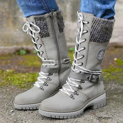 LIZAKOSHT  -  Plus Size 43 Women's Fashion Thermal Mid Calf Boots Knitted Splicing Lace Up Side Zipper Winter Boots Wedges heels Outdoor Boots