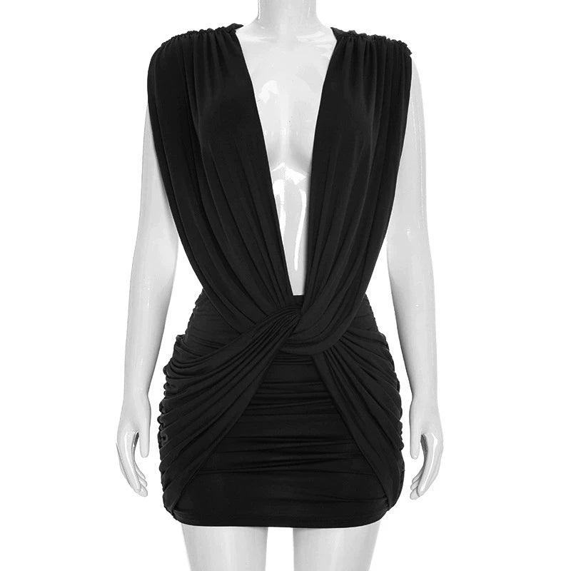 LIZAKOSHT  -  Elegant Pleate Fit Sleeveless Mini Dress Sexy Deep V-Neck Cross Knot Club Party Dress Casual Solid Off Waist Hug Hig Short Dress
