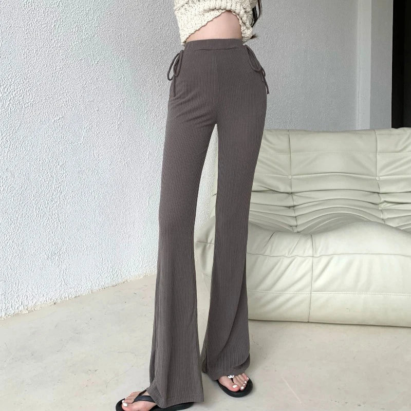 LIZAKOSHT  -  Korean Lace-up Pleated Solid Color Casual Pants Women Summer New High Street Sexy Slim Knitted Wide Leg Pants