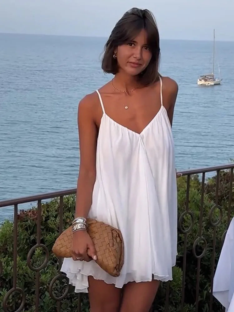LIZAKOSHT  -  Sexy Backless White Mini Dress For Women Fashion V-neck Sleeveless Backless Sling A-line Dresses 2024 Lady Beach Vacation Robes
